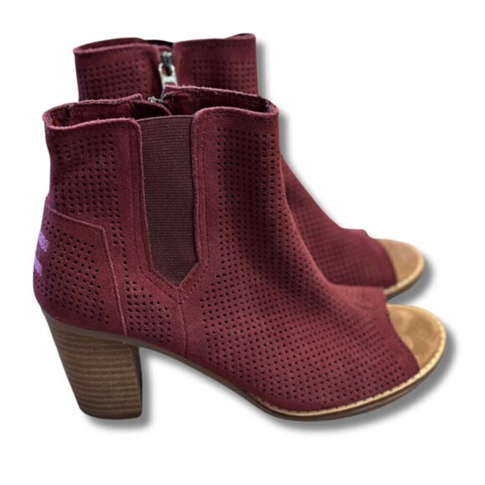 Toms Wide 6.5 Burgundy Red Open Toe Booties Suede Peep Toe Leather Majorca Open